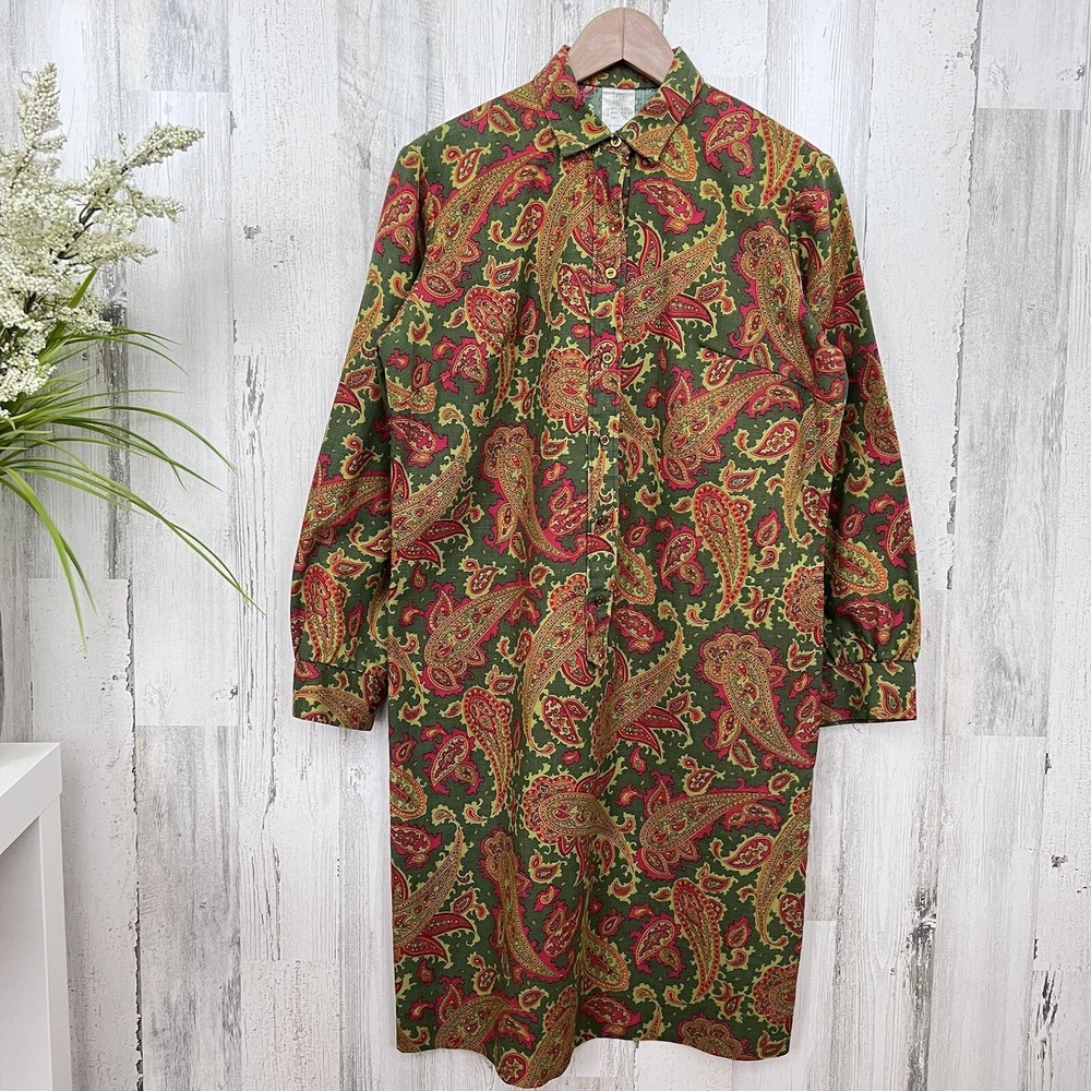 Vintage 70's 80's ILGWU Women's Paisley Longsleeve Dress size 16 - Green Red